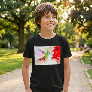 Camiseta Colibrí en acuarela alimentándose de una flor roja
