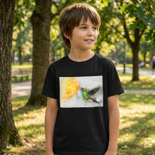Camiseta Colibrí Vibrante y Aquarela Floral Amarilla