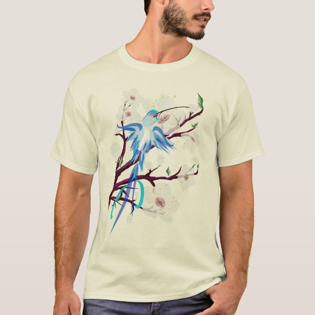 Camiseta Colibrí y flores de cerezo azules (Anverso)