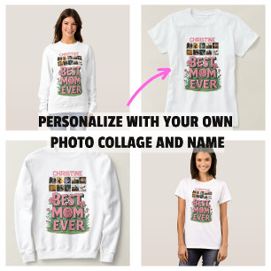 Camiseta Collage de 10 Fotos y Nombre Floral Rosa de Moda