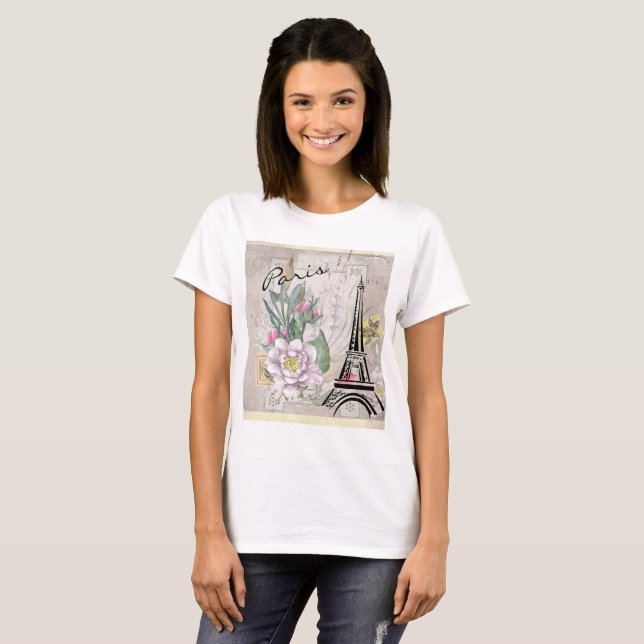 Camiseta Collage de flores de época y dibujo de la Torre Ei (Anverso completo)
