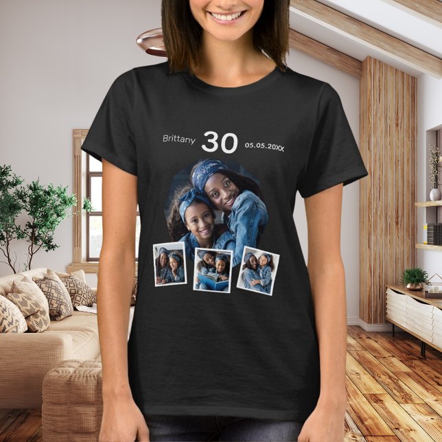 Camiseta Collage de fotos de nombre de cumpleaños mujer neg (Subido por el creador)