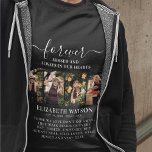 Camiseta Collage de fotos de recuerdo | Para siempre en nue<br><div class="desc">Usa esta camiseta de recuerdo con amor y orgullo en un funeral, homenaje o velo de seres queridos perdidos. Con un moderno collage de fotos de 4 y el texto 'Perdonados y siempre en nuestros corazones', su nombre y fechas y una cita de simpatía que se puede conservar o personalizar....</div>