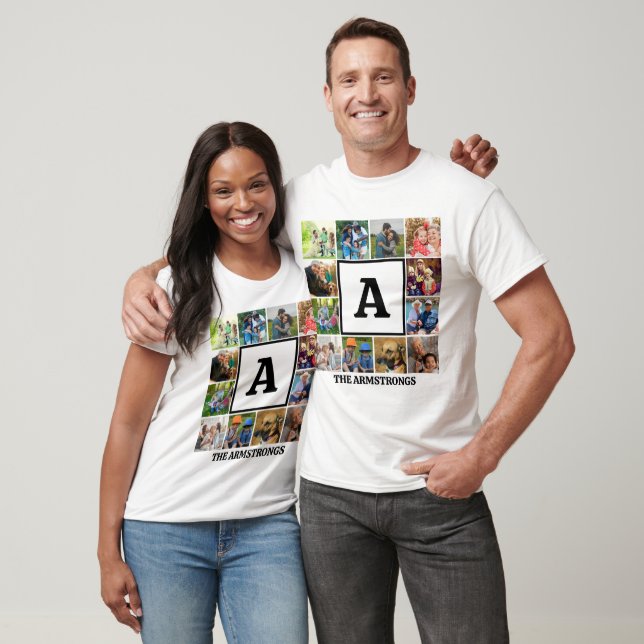 Camiseta Collage de fotos | Monograma inicial de familia mo (Unisexo)