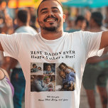 Camiseta Collage de fotos personalizado del mejor padre de<br><div class="desc">Moderna y contemporánea BEST DADDY EVER Happy Father's Day 4, collage de fotos de la familia con una simple camiseta blanca y negra con una plantilla de guión de tipografía audaz. Crea tu propio archivo con cuatro imágenes familiares y tu texto! Puede cambiar los colores del texto. Puede ser un...</div>
