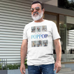 Camiseta Collage de fotos Poppop moderno<br><div class="desc">Camiseta moderna del abuelo con 6 fotos familiares para que las reemplace con la tuya propia,  el dicho "te queremos" con un elegante tipo de letra de guión,  el título "POPPOP" en un moderno tipo de letra serif con gradiente azul,  y los nombres de los niños.</div>