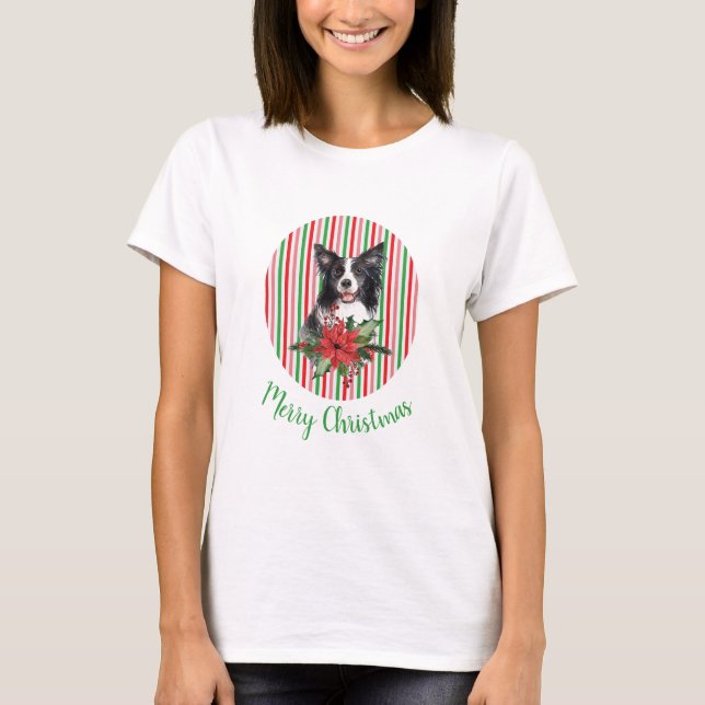 Camiseta Collie de borde acuarela con poinsettia (Anverso)