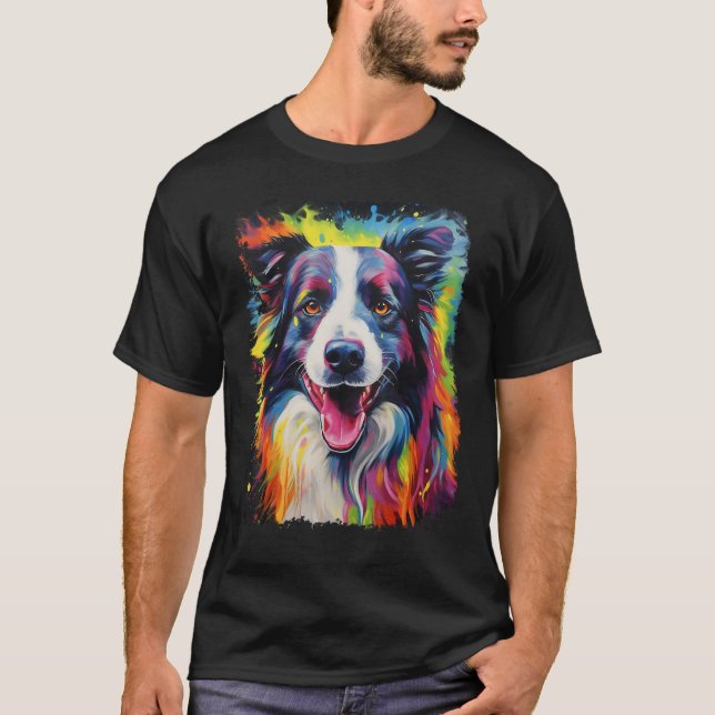 Camiseta Collie de borde de perro de arte pop arcoiris (Anverso)