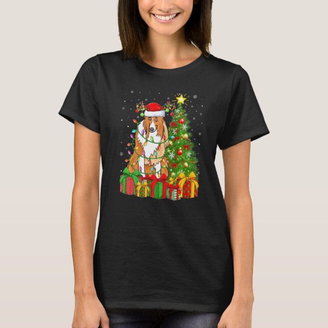 Camiseta Collie Dog Lighting Xmas Tree Santa Hat Collie Chr (Anverso)