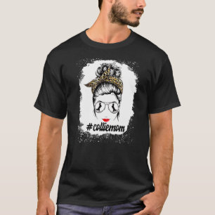 Camiseta Collie Dog Mom Bleached Messy Bun Leopard Women Pe