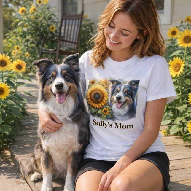 Camiseta Collie T-Shirt de la frontera de la madre del perr (Summer style "Dog Mom" sunflower and border collie T-shirt. )