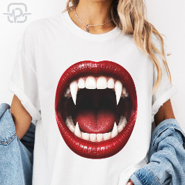 Camiseta Colmillos de vampiro Labios rojos Boca abierta Hal