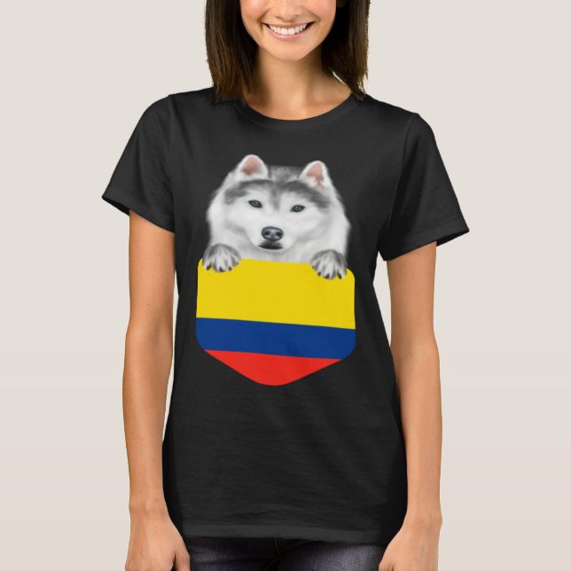 Camiseta Colombia Flag Siberian Husky Dog In Pocket (Anverso)