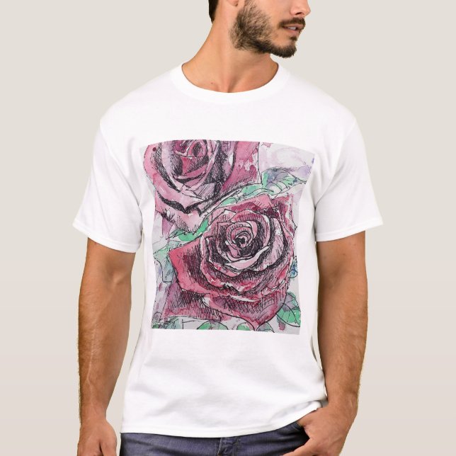 Camiseta Color de agua rosa rojo Flores Pintura floral (Anverso)