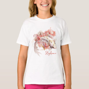 Camiseta Color de agua rosada Gold Koi Floral de pescado pe