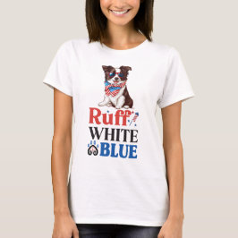 Camiseta Color de la frontera patriótica Ruff Blanco y azul