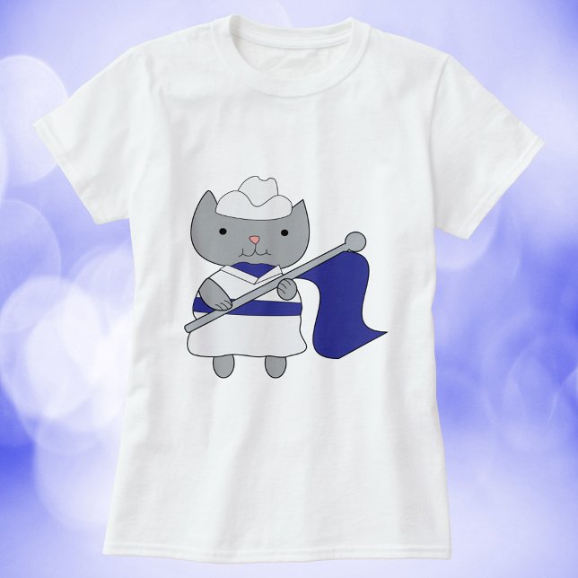 Camiseta Color Guard Cat Blue White (A shirt with a cute kitty cat wearing a blue and white color guard uniform.)