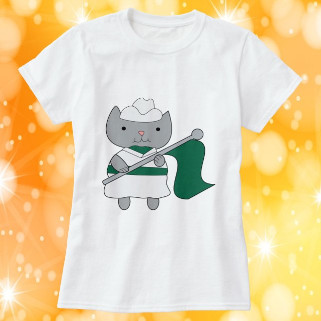 Camiseta Color Guard Cat Green White (A tshirt featuring a gray cat wearing a green & white color guard uniform while holding a green flag)