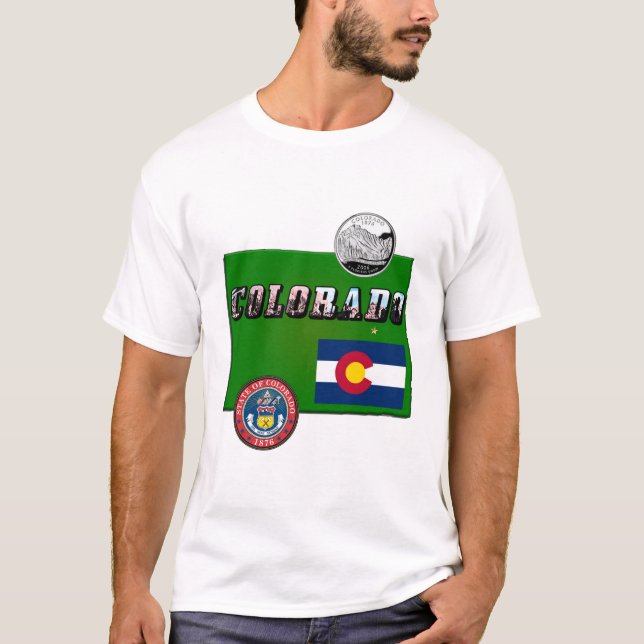 Camiseta Colorado Picture Text, Flag, Seal, Quarter, Map (Anverso)
