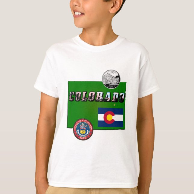 Camiseta Colorado Picture Text, Flag, Seal, Quarter, Map (Anverso)