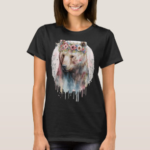 Camiseta Colores de agua artística Grizzly Bear flor Crown