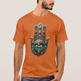 Camiseta Colores de Pavo Real Hamsa con Tercer Ojo de Oro