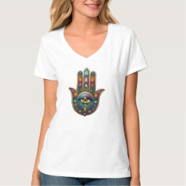 Camiseta Colores de pavo real Hamsa con tercer ojo de oro