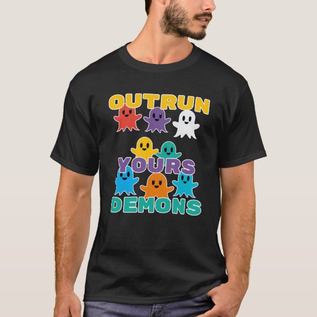 Camiseta colorful cartoon ghosts spell Outrun Your Demons (Anverso)
