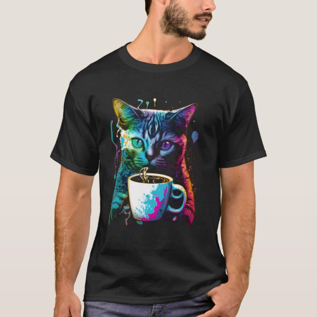 Camiseta Colorful Cat Gaming Coffee Graphic Tees Men Women  (Anverso)