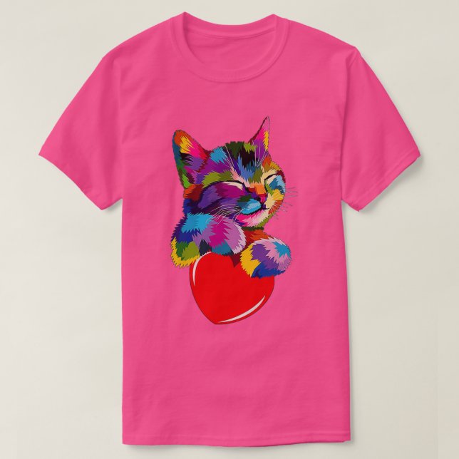 Camiseta Colorful Cat Hugging Heart  (Diseño del anverso)