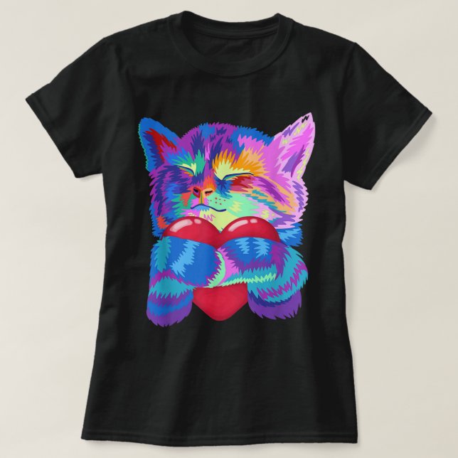 Camiseta Colorful Cat Hugging Heart Art (Diseño del anverso)