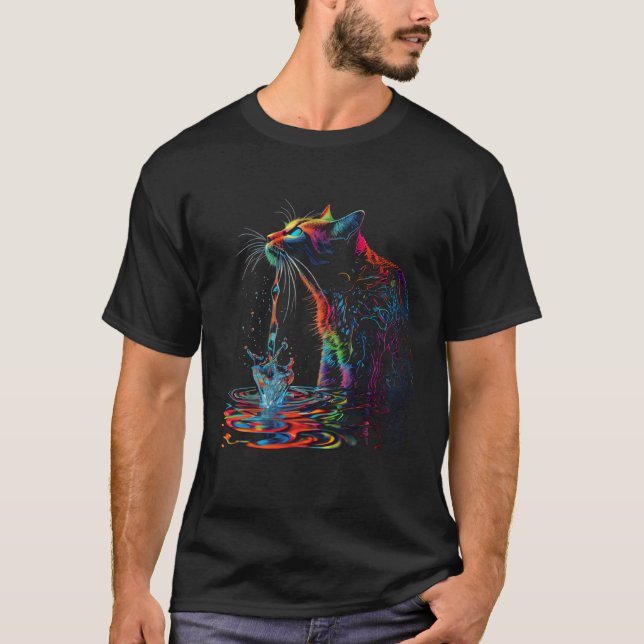 Camiseta Colorful Cat Water Pouring Graphic Tees Men Women  (Anverso)