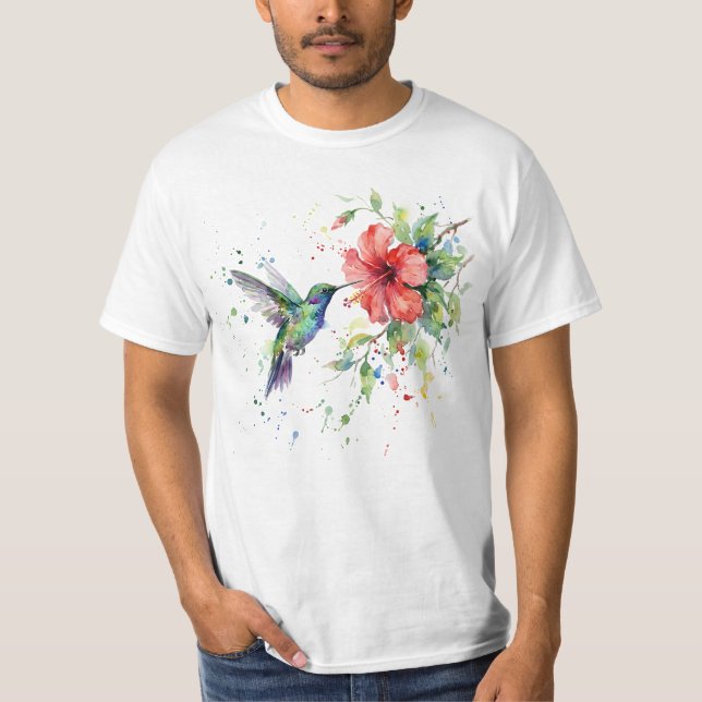 Camiseta Colorful Hummingbird Watercolor Floral Nature Art (Anverso)