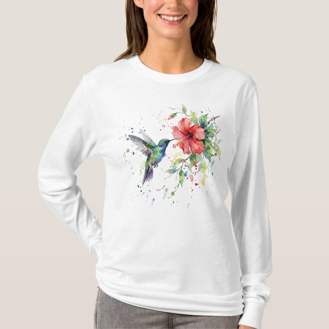 Camiseta Colorful Hummingbird Watercolor Floral Nature Art (Anverso)