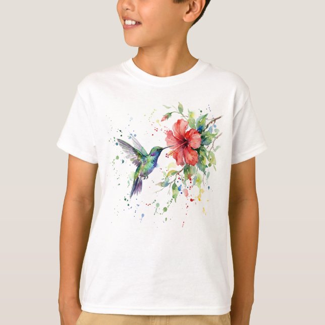 Camiseta Colorful Hummingbird Watercolor Floral Nature Art (Anverso)