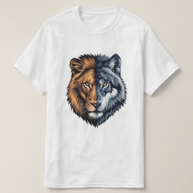 Camiseta Colorful Lion Wolf Split Face Illustration  (Diseño del anverso)
