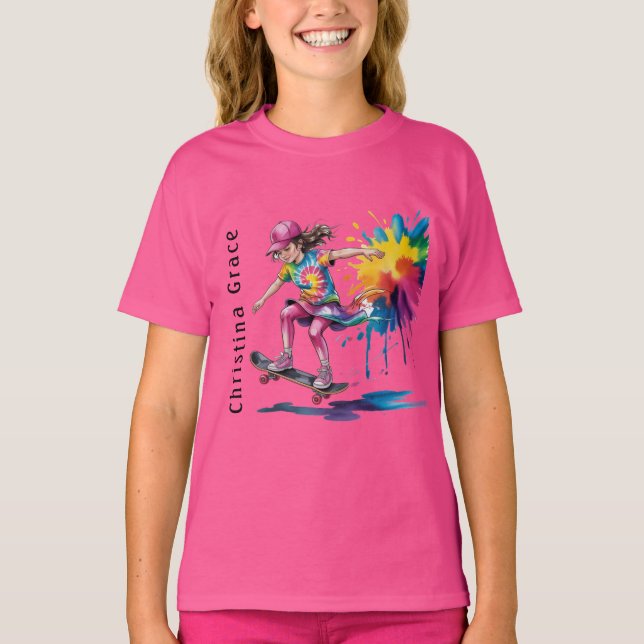 Camiseta Colorful Painted Girl Skateboarder Birthday Name (Anverso)