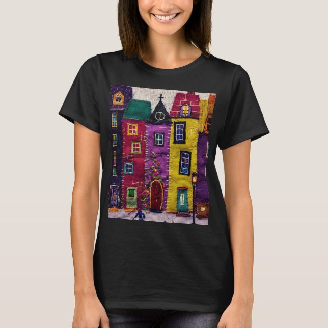 Camiseta Colorful Patchwork Houses Textile Art (Anverso)