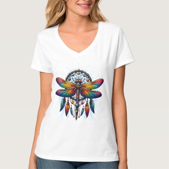 Camiseta Colorful Psychedelic Dragonfly Dreamcatcher Boho (Anverso)