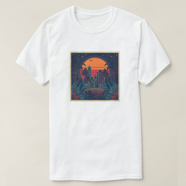 Camiseta Colorful Retro Futuristic Doodle Style Skyline (Diseño del anverso)