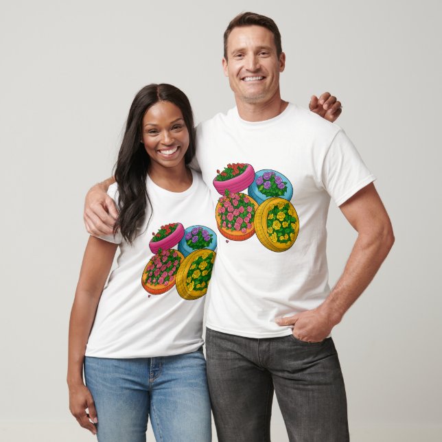 Camiseta Colorful Tire Planters – Bright Floral Garden (Unisexo)