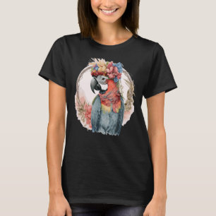 Camiseta Colorida acuarela de loro Macaw Ave Flor Corona