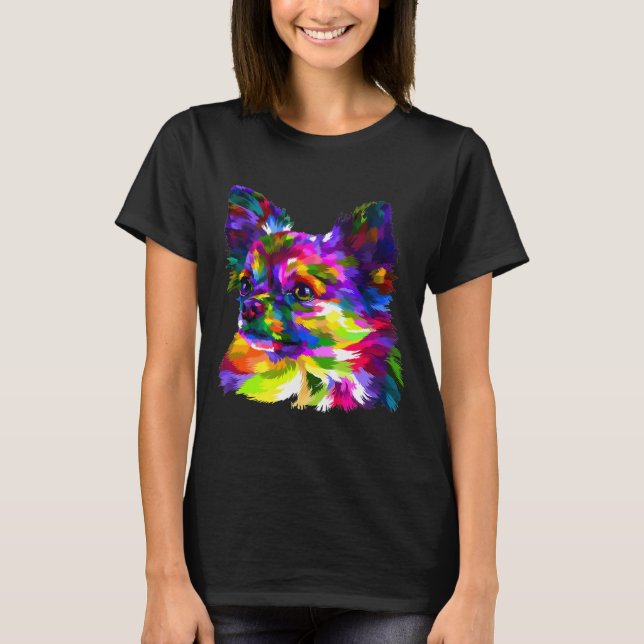Camiseta Colorida cabeza de Chihuahua sobre arte pop geomét (Anverso)