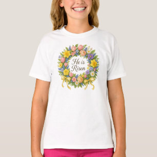 Camiseta Colorida Corona de Pascua Floral Él ha Resucitado