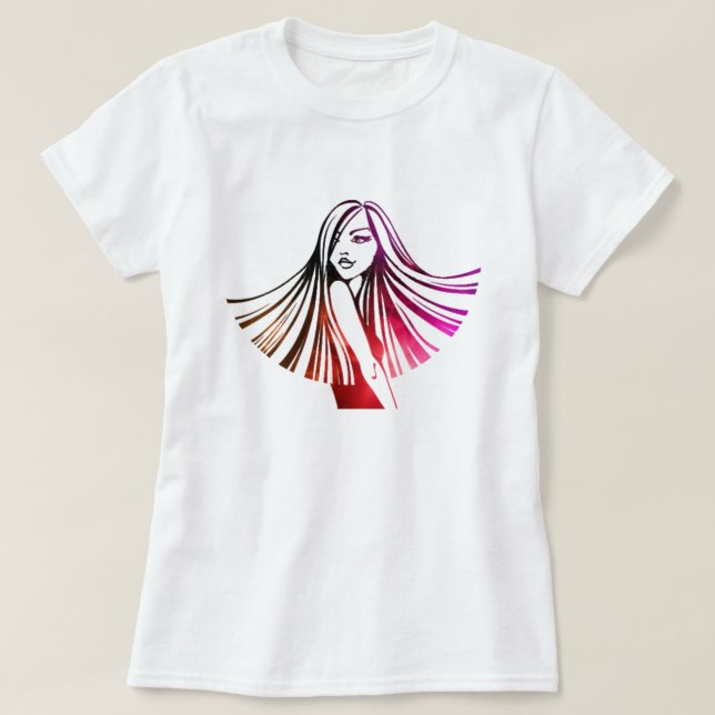 Camiseta colorida de pelo largo de la belleza (Diseño del anverso)