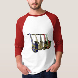 Camiseta colorida del raglán de cinco saxofones