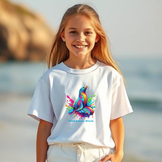 Camiseta Colorida Esplash de León del Mar- (Colorful Sea Lion-Fisherman Core-Dopamine Dressing-kids T shirt)