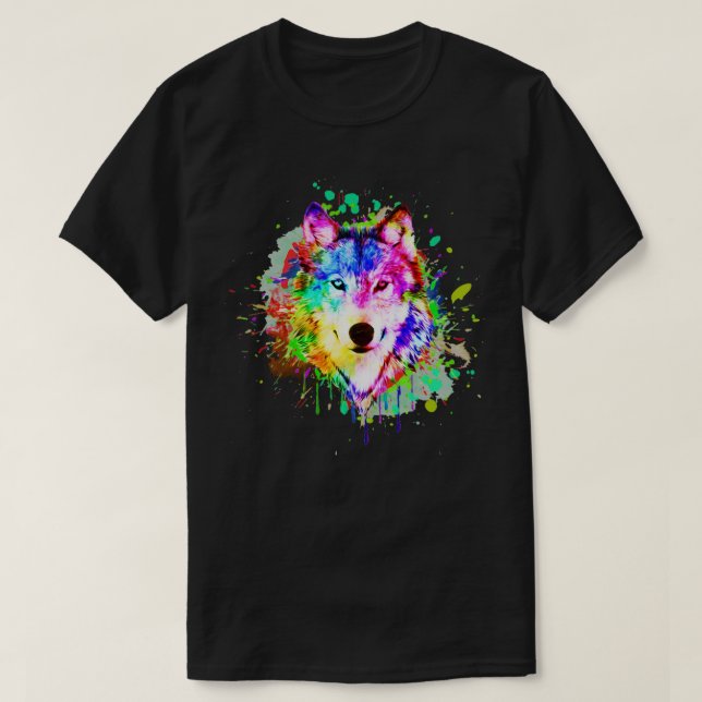 Camiseta Colorida pintura Splash Wolf Art (Diseño del anverso)