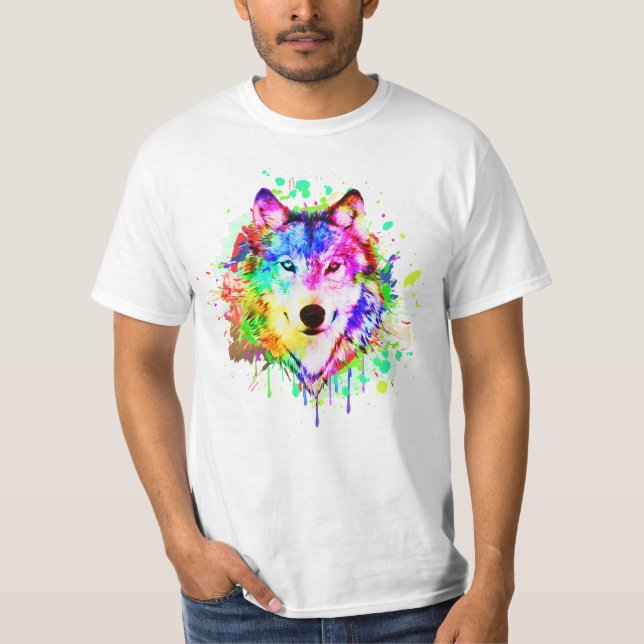 Camiseta Colorida pintura Splash Wolf Art (Anverso)