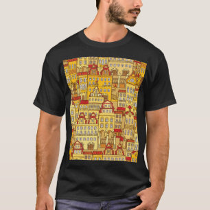 Camiseta Coloridas Casas Patrón de Ciudad Vintage
